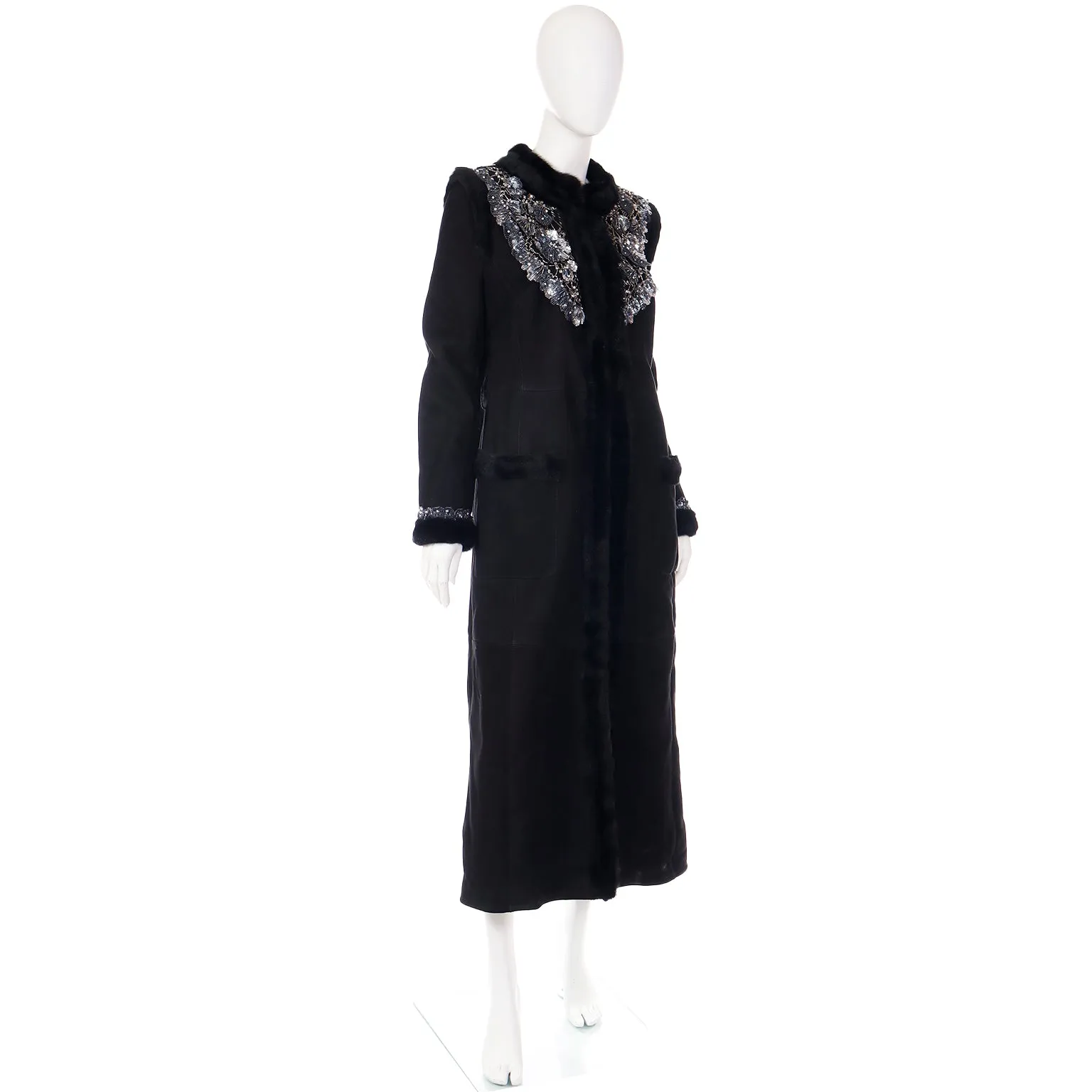 2007 Valentino Floral Beaded Sheepskin Long Coat W/ Mink Fur Lining & Trim