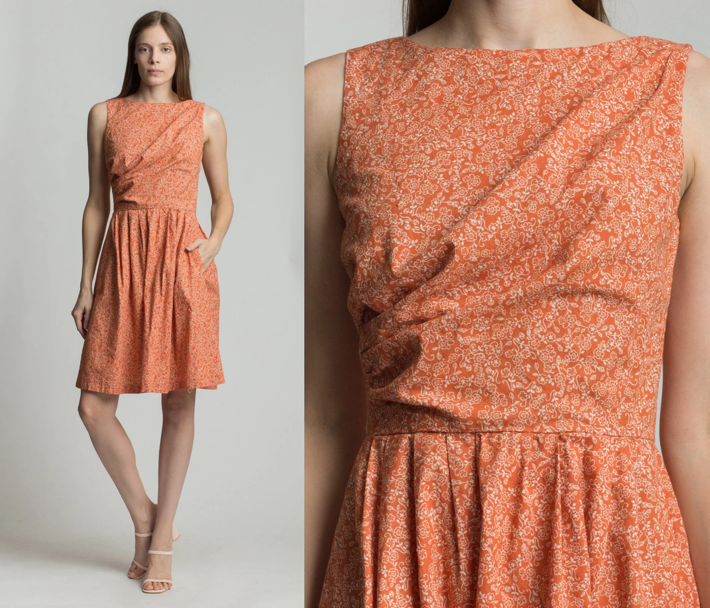 70s Orange Floral Mini Dress - Small