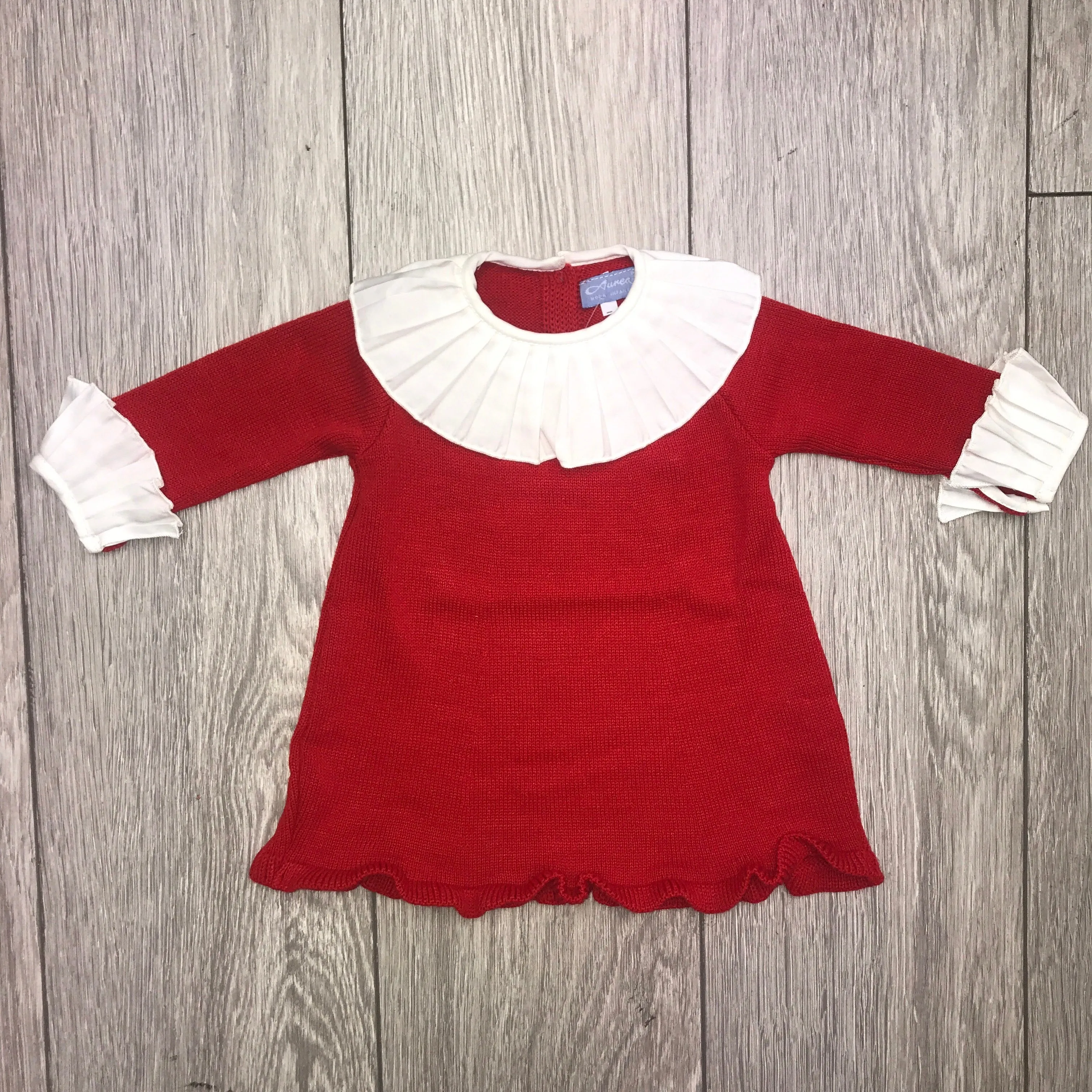 Aurea Pleated Collar & Sleeve Red Girls Knitted Dress