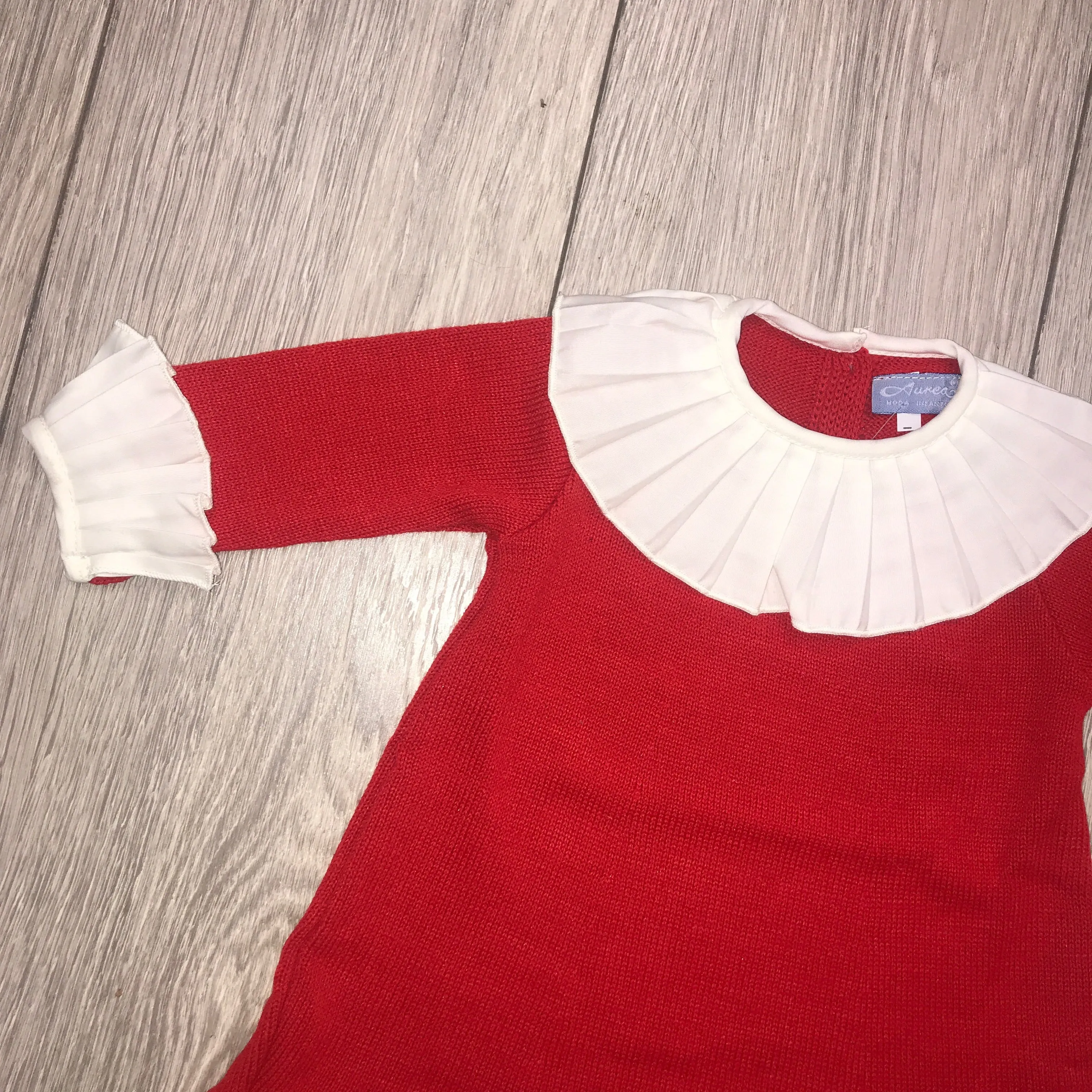 Aurea Pleated Collar & Sleeve Red Girls Knitted Dress