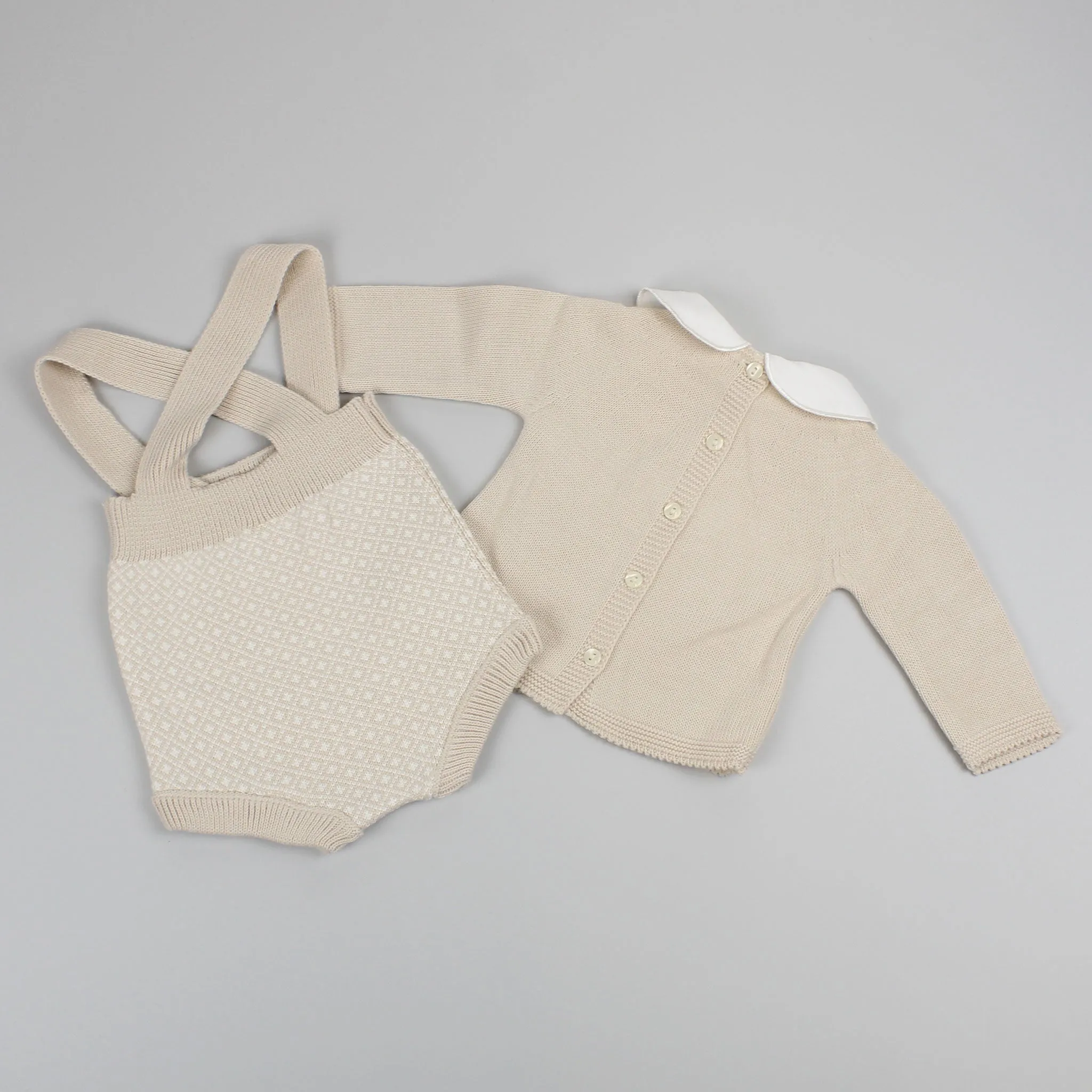 Baby Boys Beige Knitted Outfit - Jam Pants, Braces and Jumper