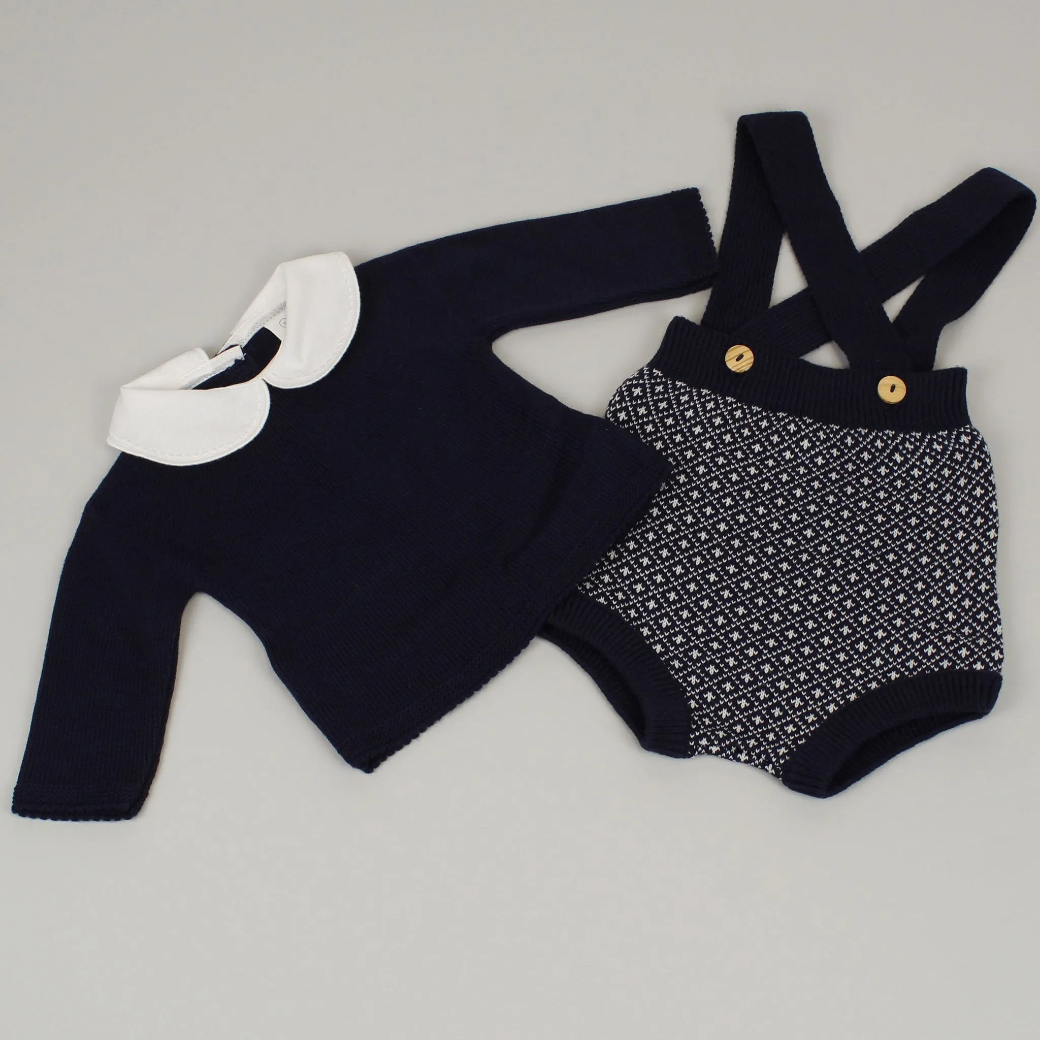 Baby Boys Navy Knitted Outfit - Jam Pants, Braces and Jumper