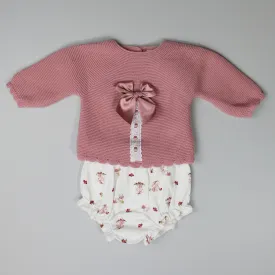 Baby Girls 2 Piece Knitted Outfit- Jam Pants and Top- Dusty Pink