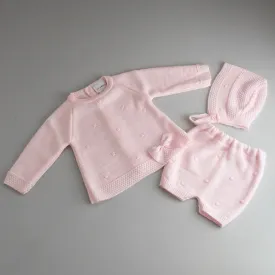 Baby Girls Knitted Outfit-3 piece - Jam Pants, Top and Bonnet