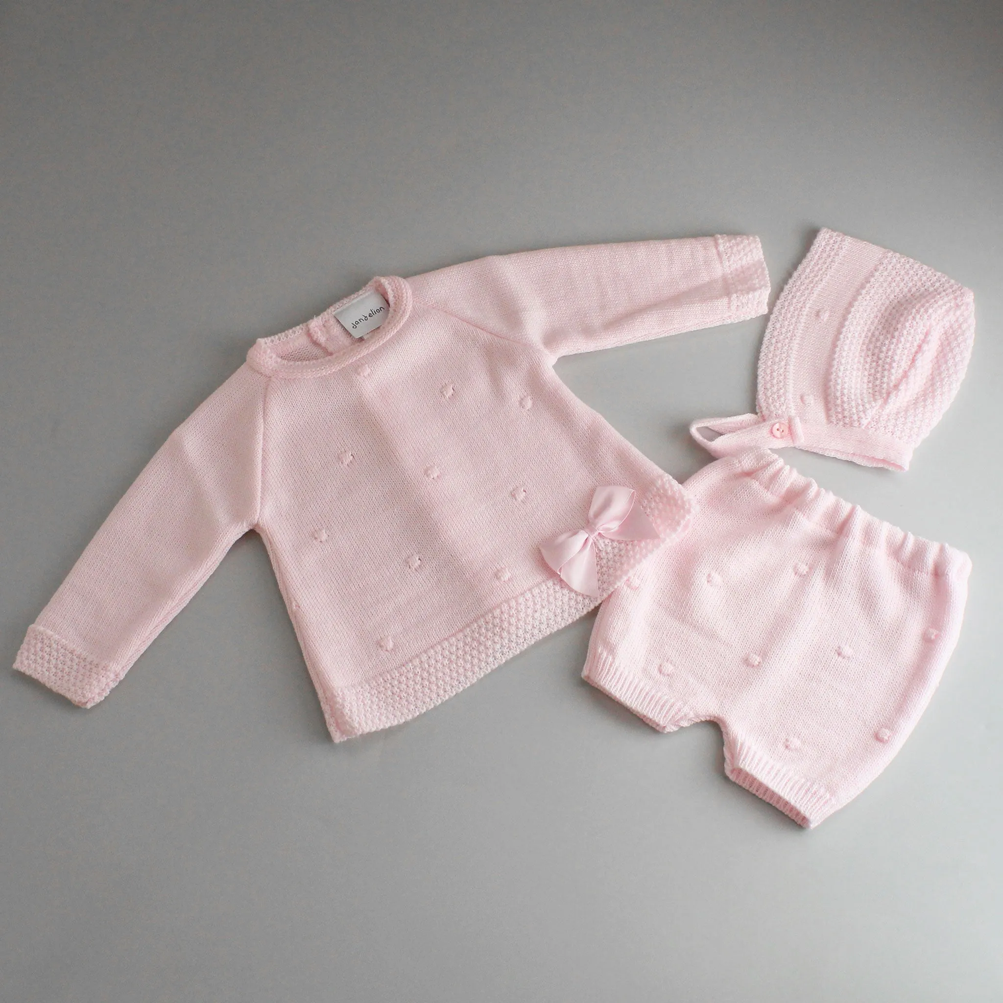 Baby Girls Knitted Outfit-3 piece - Jam Pants, Top and Bonnet