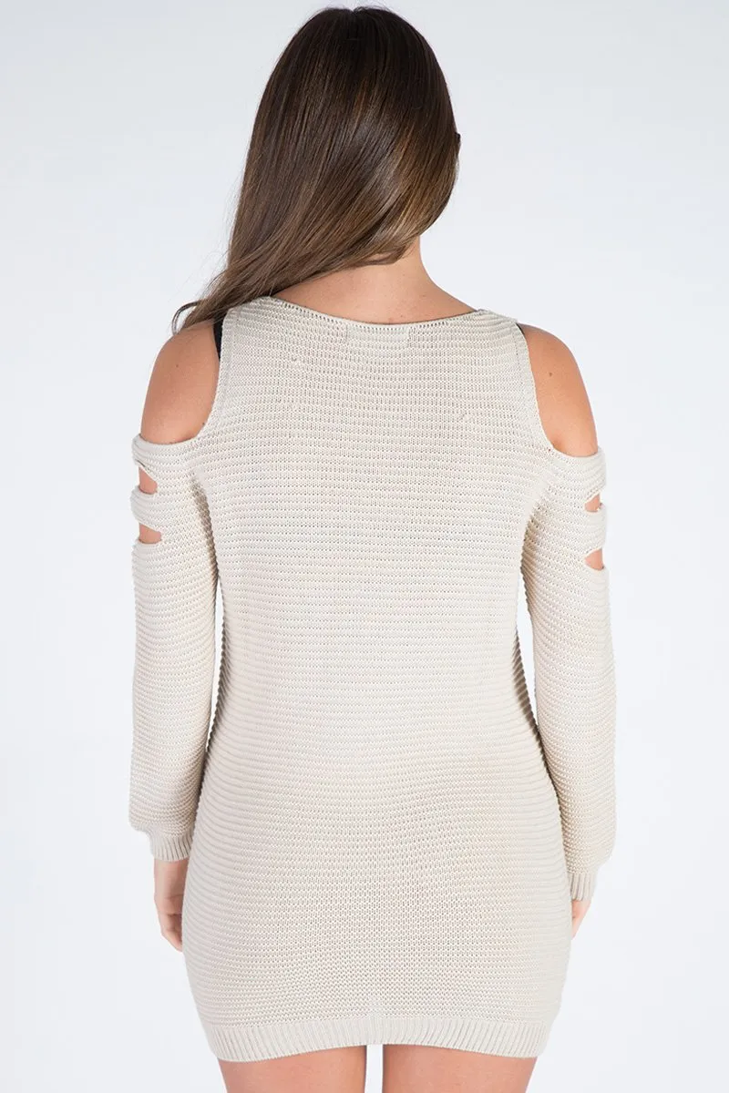 Beige Knitted Cold Shoulder Cut Out Jumper Dress - Sienna