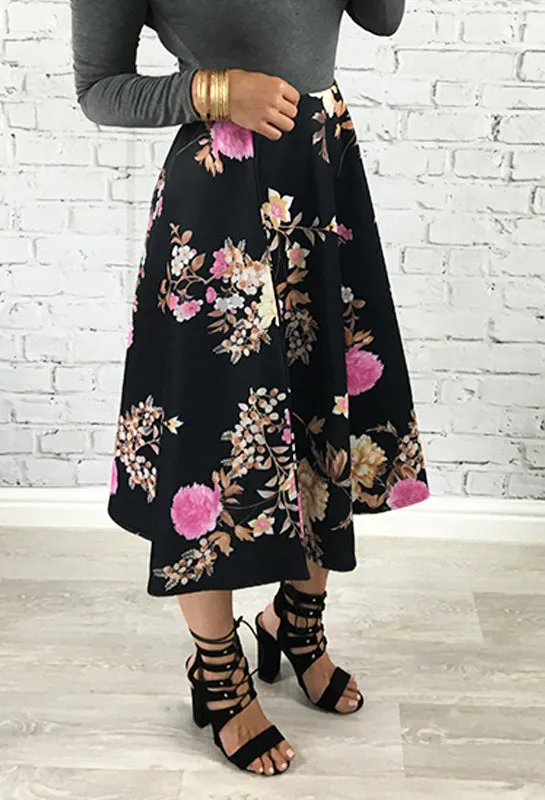 Black Pink Floral A Line Kate Midi Skirt