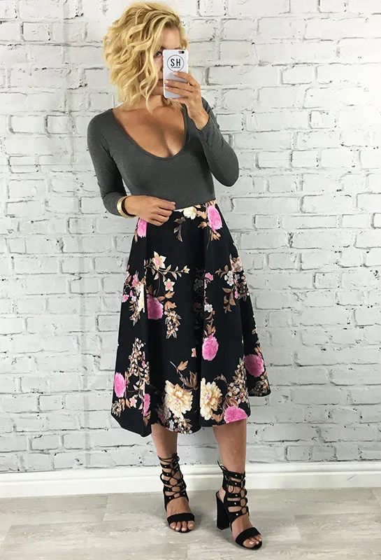 Black Pink Floral A Line Kate Midi Skirt