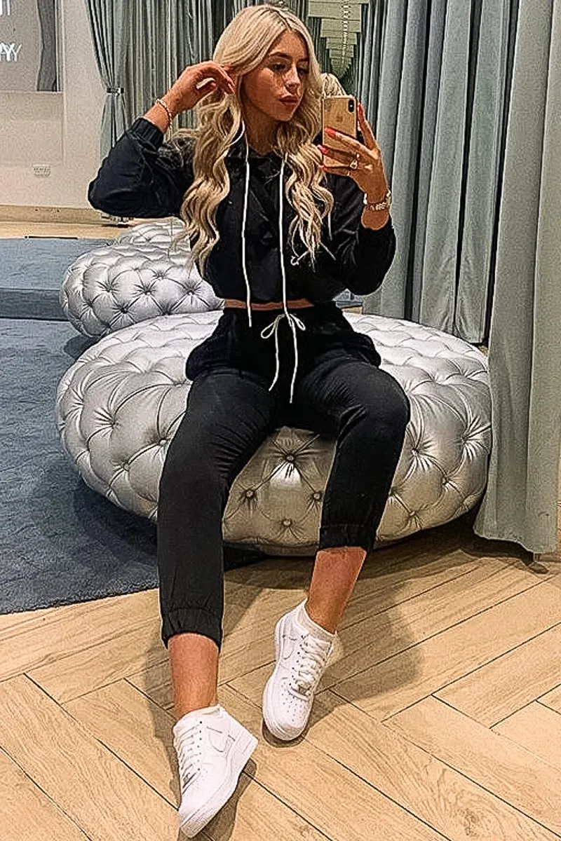 Black Woven Drawstring Hoodie Jogger Co-Ord - Elvira