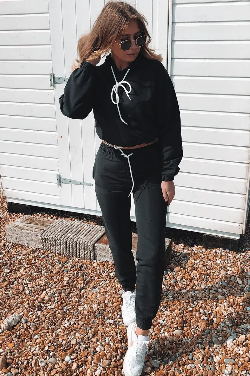 Black Woven Drawstring Hoodie Jogger Co-Ord - Elvira