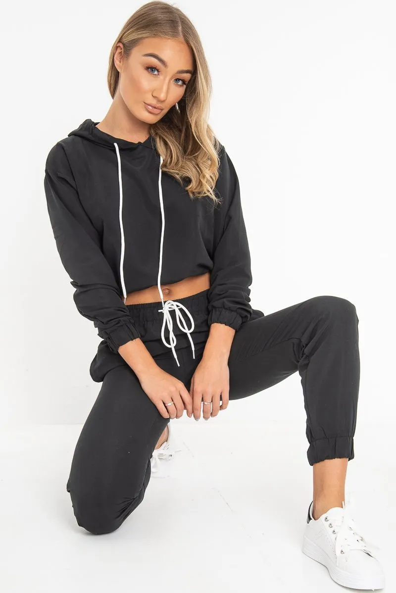 Black Woven Drawstring Hoodie Jogger Co-Ord - Elvira