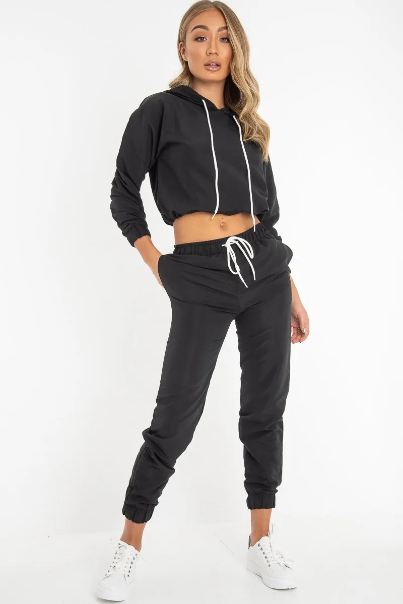 Black Woven Drawstring Hoodie Jogger Co-Ord - Elvira