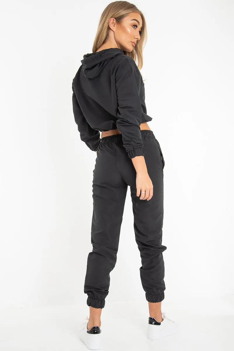 Black Woven Drawstring Hoodie Jogger Co-Ord - Elvira