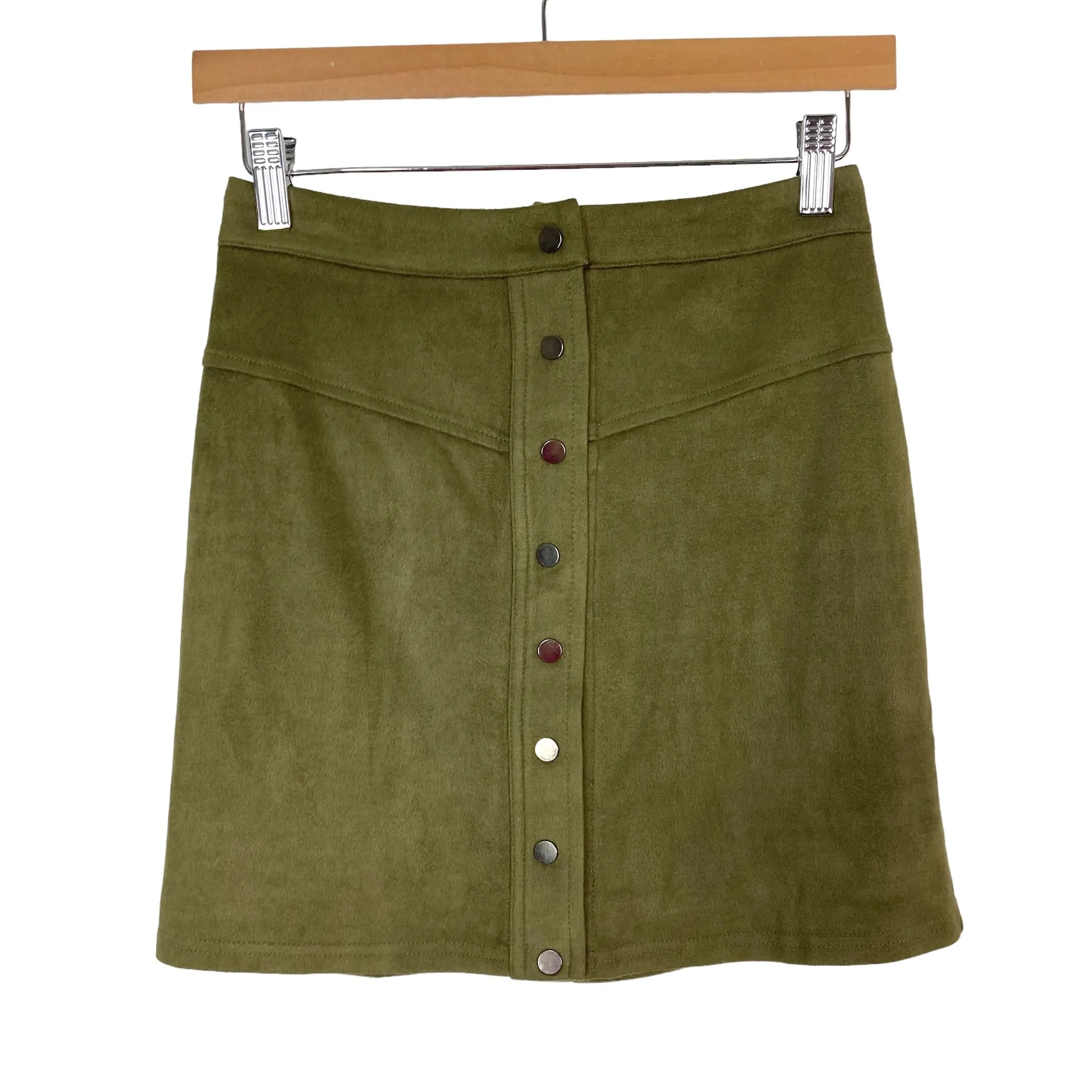 Blu Spero Olive Faux Suede Snap Front Mini Skirt- Size S (sold out online)