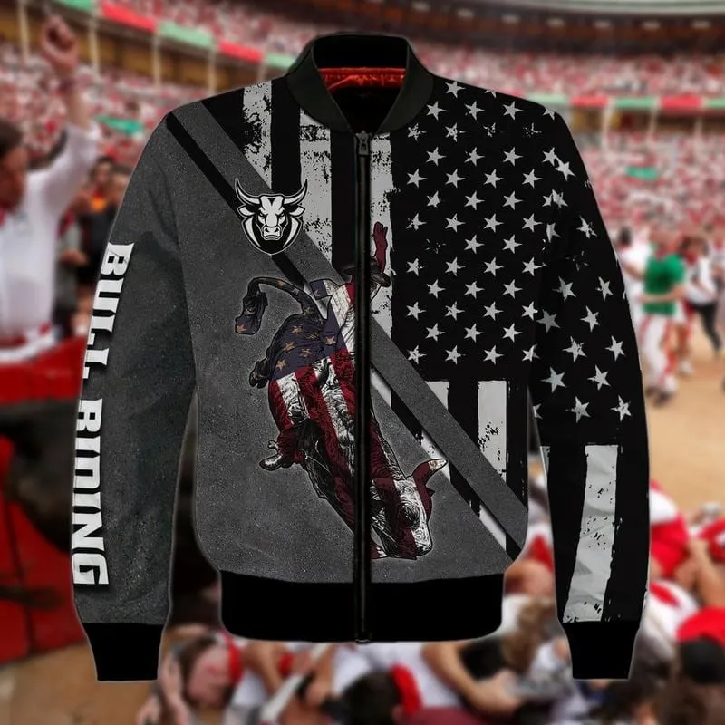 Bull Riding America Black Flag Pattern 3D Sweatshirt Zip Hoodie Bomber Shirt