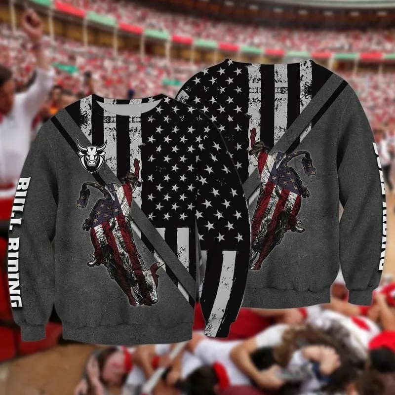 Bull Riding America Black Flag Pattern 3D Sweatshirt Zip Hoodie Bomber Shirt