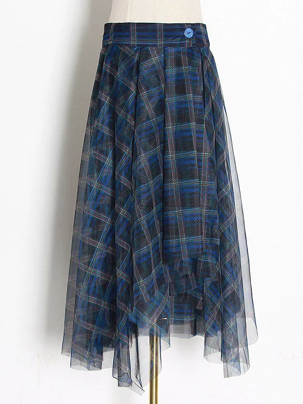 Buttoned Mesh Plaid A-Line High Waisted Skirts Bottoms