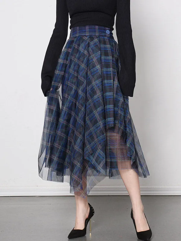 Buttoned Mesh Plaid A-Line High Waisted Skirts Bottoms