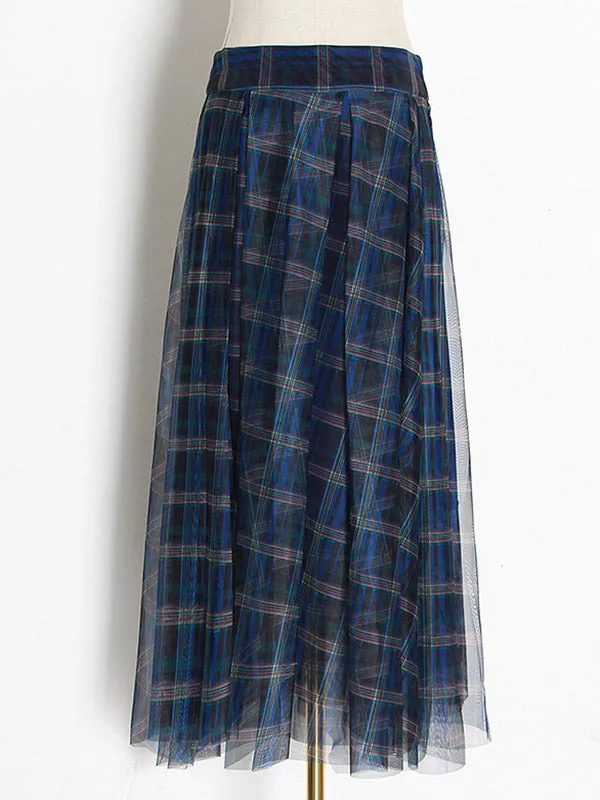 Buttoned Mesh Plaid A-Line High Waisted Skirts Bottoms