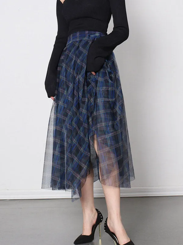 Buttoned Mesh Plaid A-Line High Waisted Skirts Bottoms