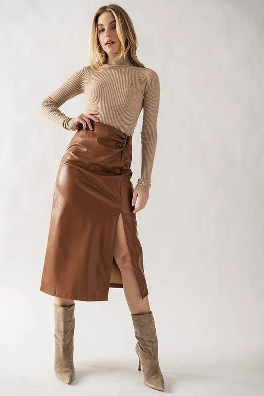 Camel Midi Leather Horseshoe Buckle Skirt