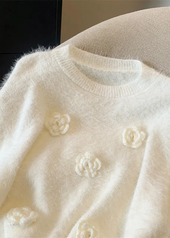 Casual White O-Neck Floral Mink Hair Knitted Sweaters Winter WR033