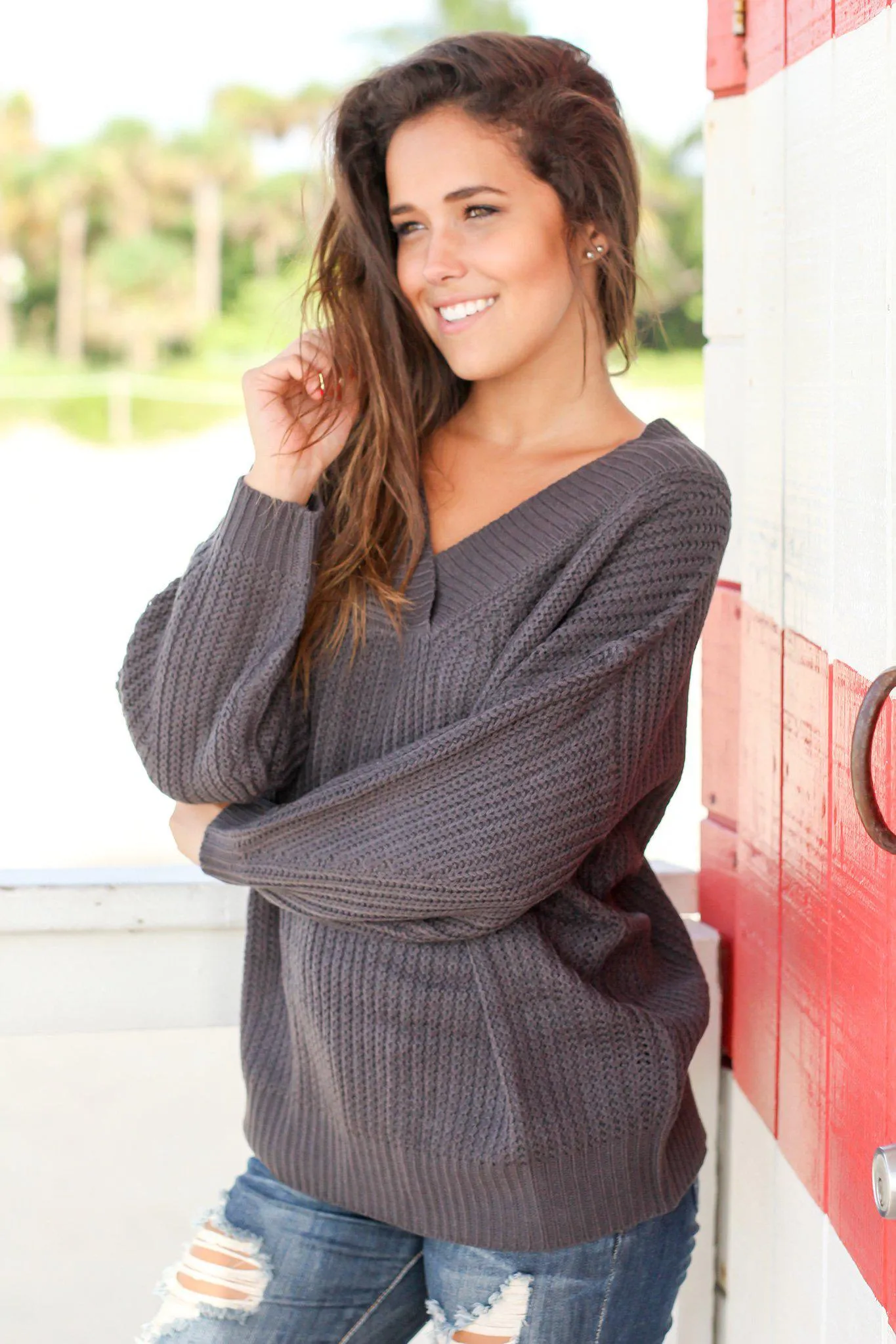 Charcoal Knit Sweater with Long Sleeves