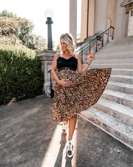 Chartou Brown Animal Print A-Line Pleated Midi Skirt- Size S