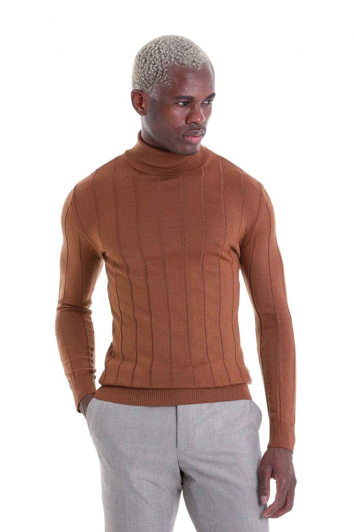 Comfort Fit Drop Needle Tobacco Turtleneck Sweater