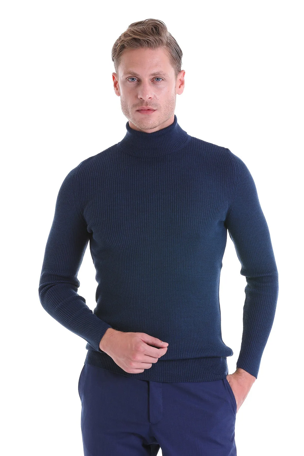 Comfort Fit Wool Blend Indigo Turtleneck Sweater