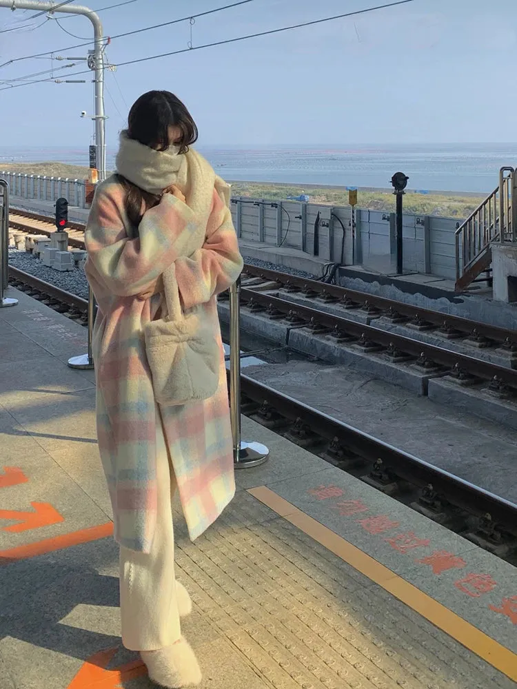 Cozy And Long Woollen Rainbow Colored Coat