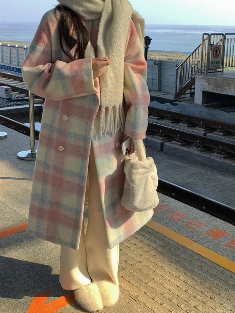 Cozy And Long Woollen Rainbow Colored Coat