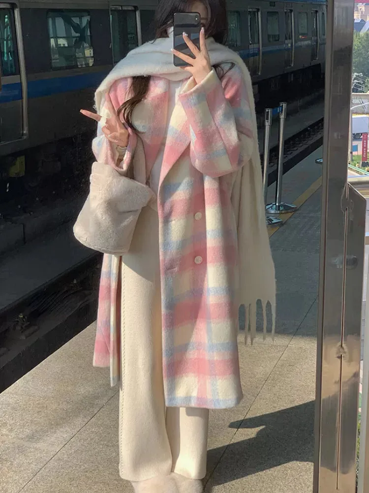 Cozy And Long Woollen Rainbow Colored Coat