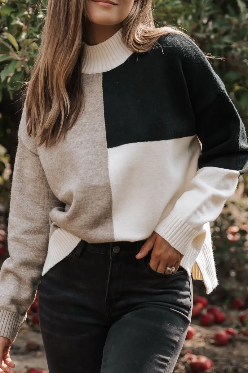 Cream Color Block Turtleneck Sweater - FINAL SALE