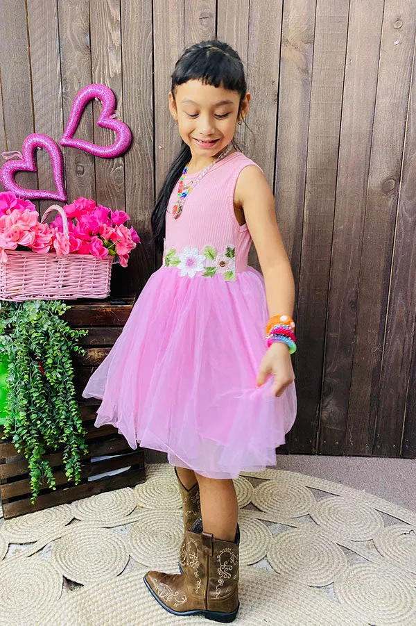 DLH2834 Pink knitted tank top & tulle princess girls  dress with/ floral embroidery