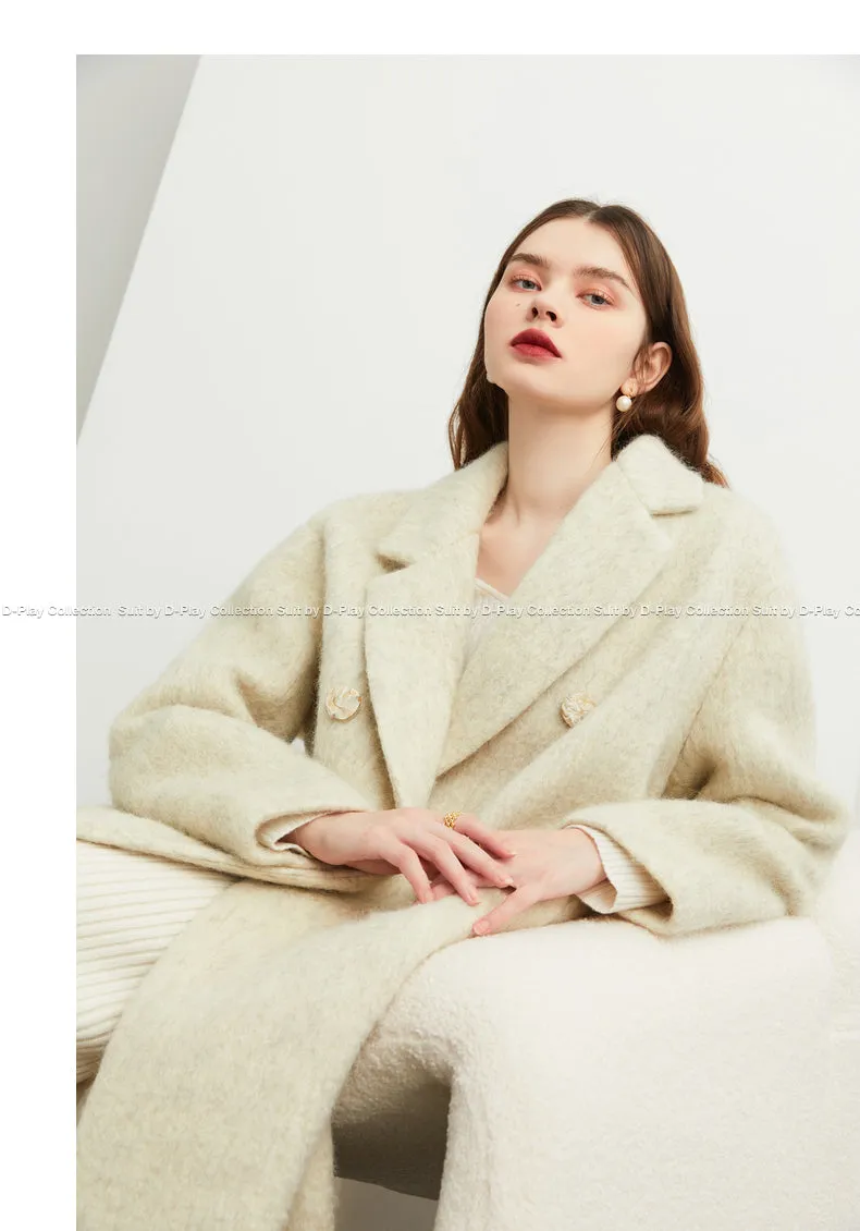 DPLAY's  beige oatmeal winter double-breasted long wool coat- Kida