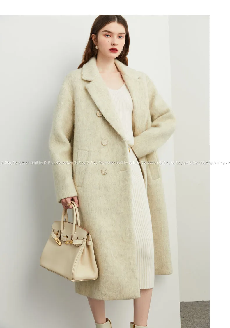 DPLAY's  beige oatmeal winter double-breasted long wool coat- Kida