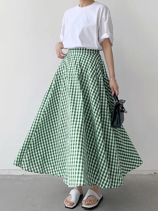 Elasticity Plaid Split-Joint A-Line High Waisted Skirts