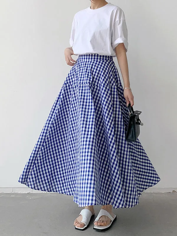 Elasticity Plaid Split-Joint A-Line High Waisted Skirts