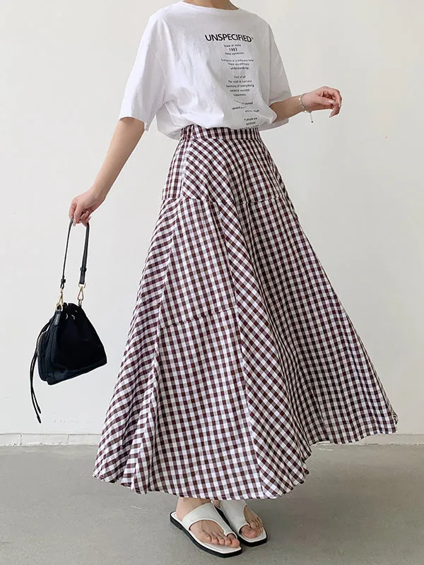 Elasticity Plaid Split-Joint A-Line High Waisted Skirts