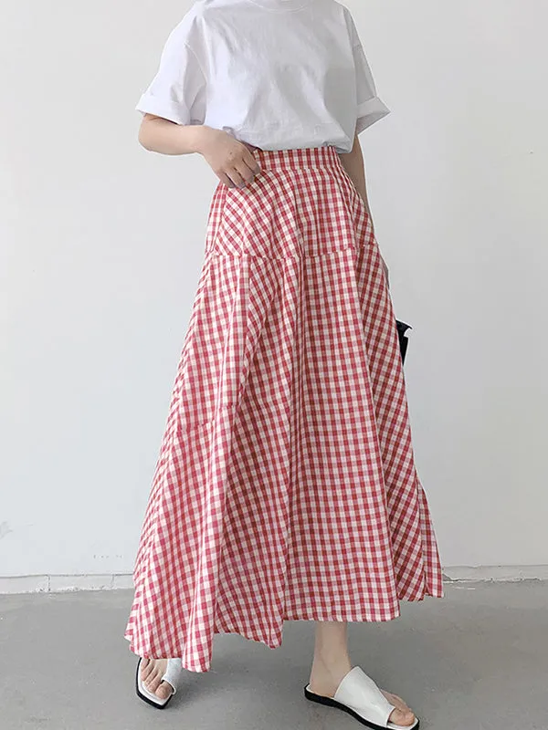 Elasticity Plaid Split-Joint A-Line High Waisted Skirts