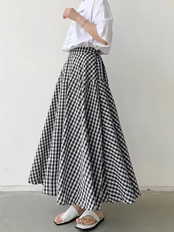 Elasticity Plaid Split-Joint A-Line High Waisted Skirts