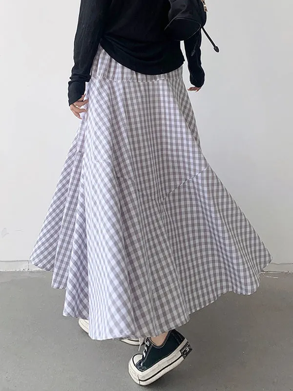 Elasticity Plaid Split-Joint A-Line High Waisted Skirts