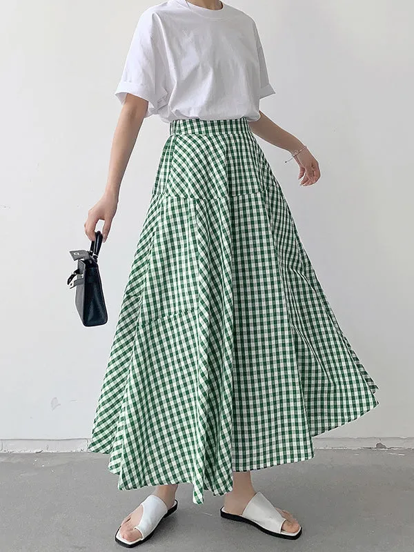 Elasticity Plaid Split-Joint A-Line High Waisted Skirts