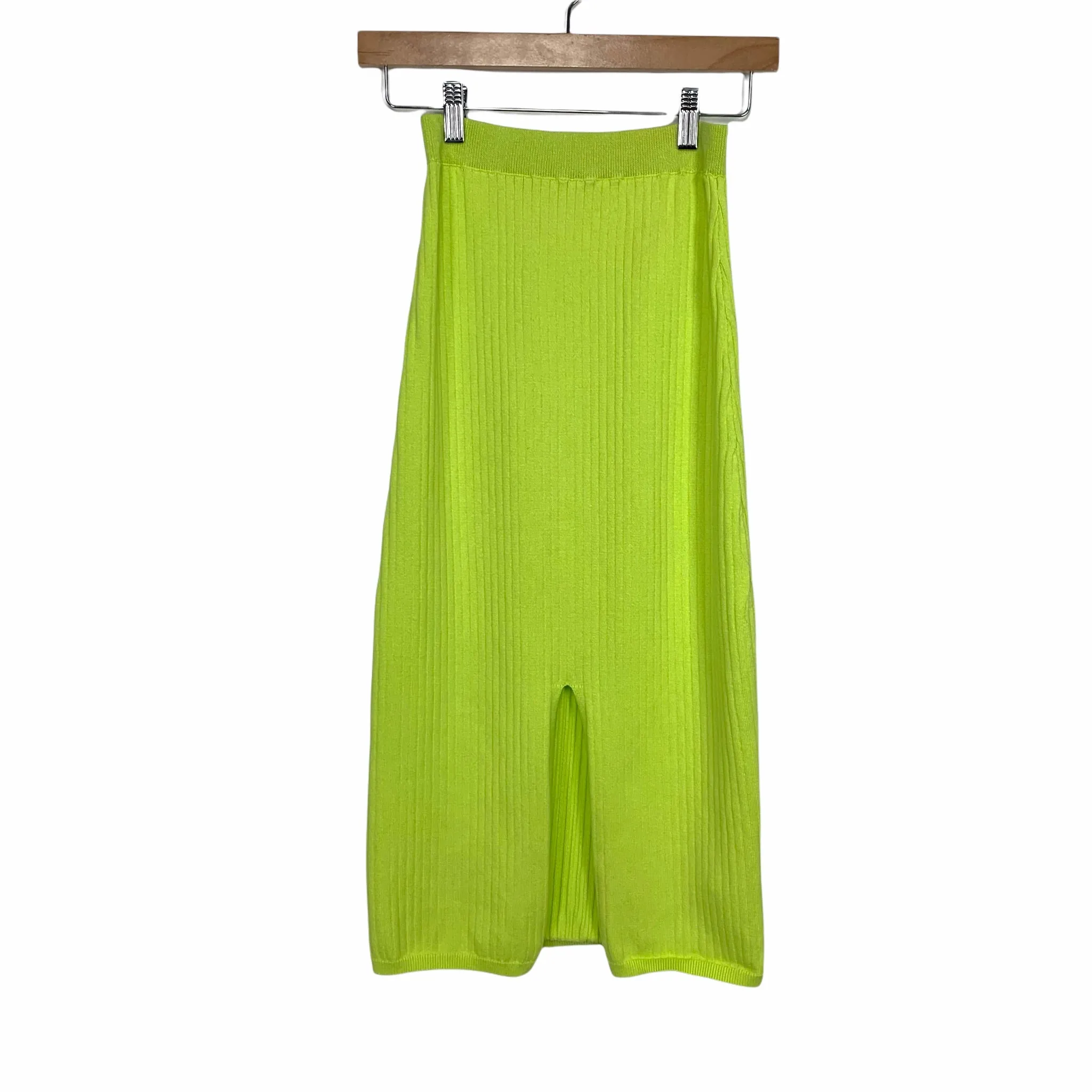 Free People Neon Yellow Ribbed Fitted Midi Skirt- Size S