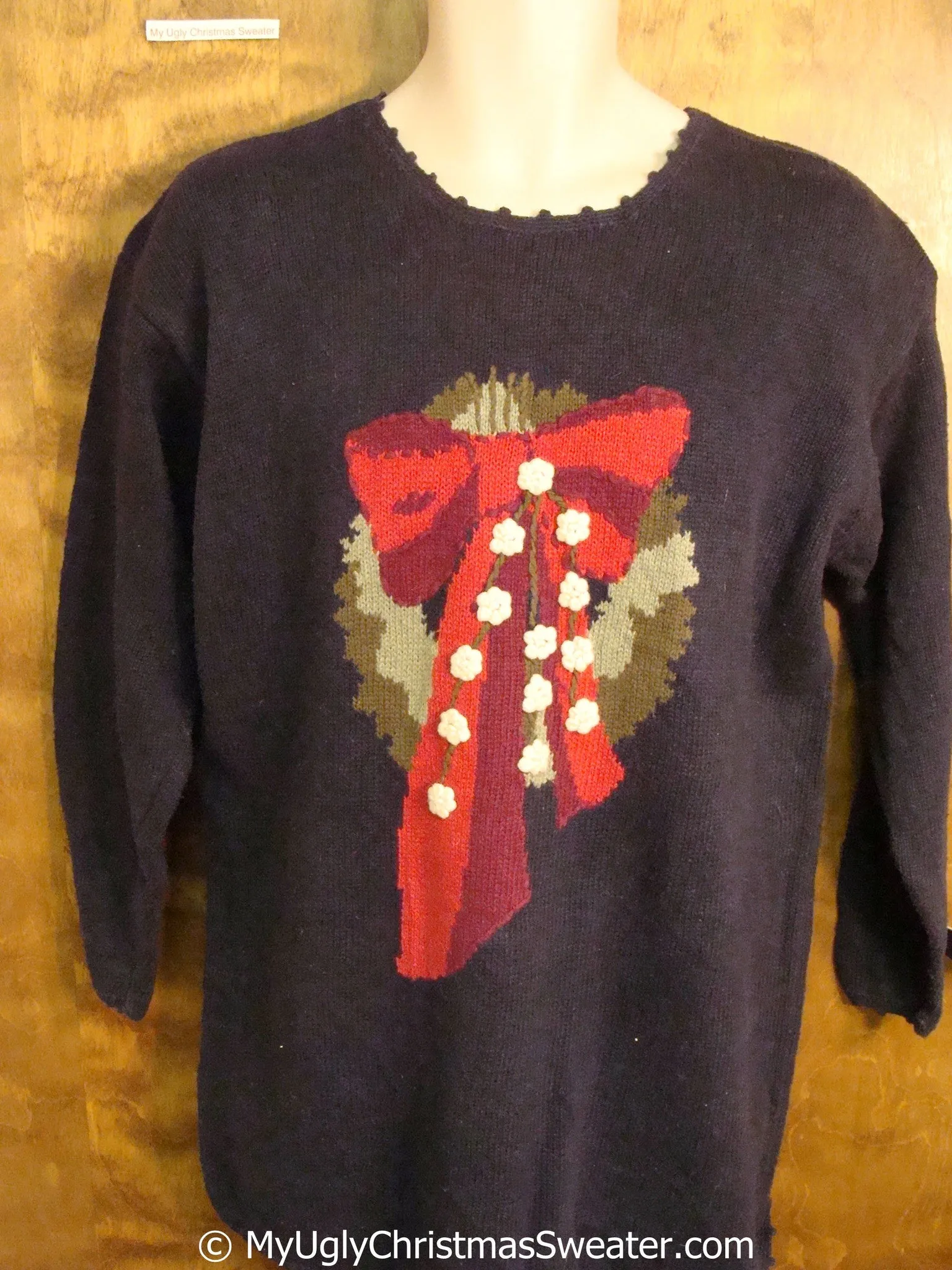 Fun Long Style 80s Christmas Sweater with Wreath and Bow