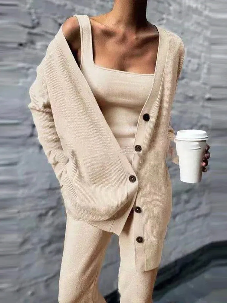 Girlary Women Solid Knitted 3 Pices Set Cardigan Tops Tank Top And Casual Loose Long Pants Chic Suit Tracksuit Fall Winter