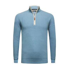 Glacier Blue Cashmere Zip Neck Sweater Verbier in pique stitch