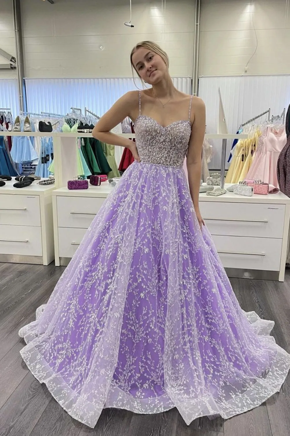 Gorgeous Sweetheart Neck Purple Lace Beaded Long Prom Dress, Purple Lace Formal Evening Dress, Purple Ball Gown A1300