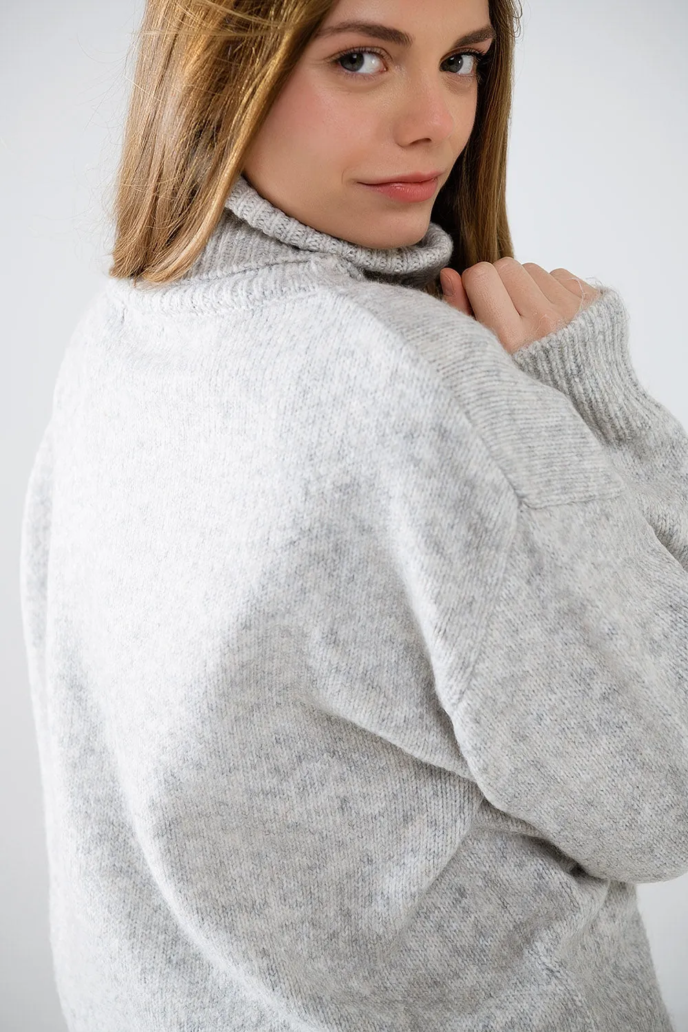 Gray Turtleneck Sweater with Dropped Sleeves